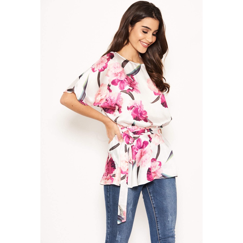 Cream Floral Tie Belt Top