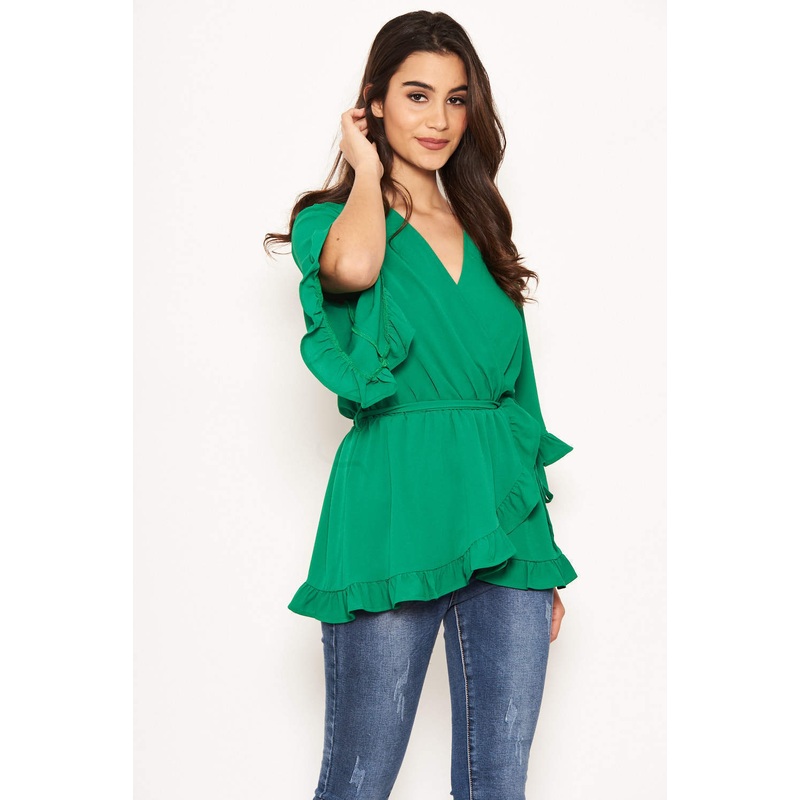 Green Wrap Frill Top