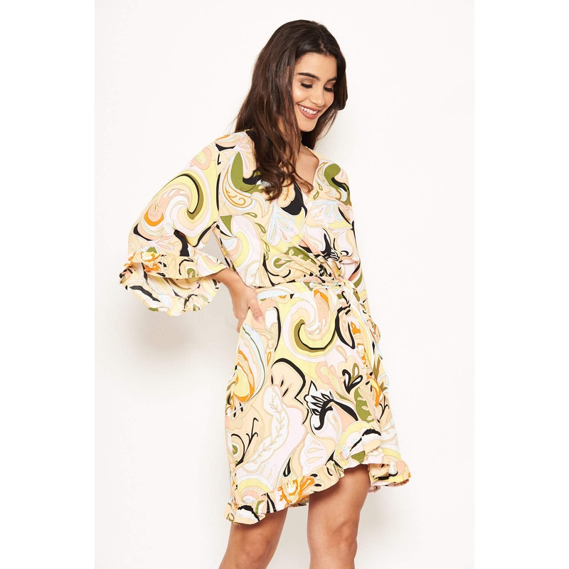 Multi Printed Wrap Over Dress