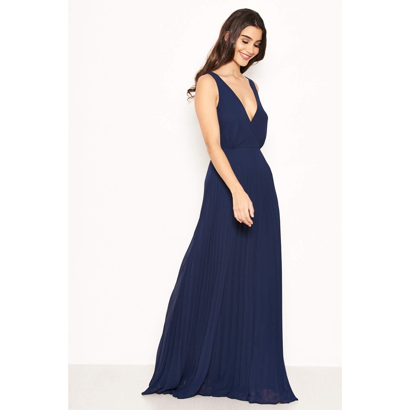 Navy Pleated Maxi Dress With Lace Straps