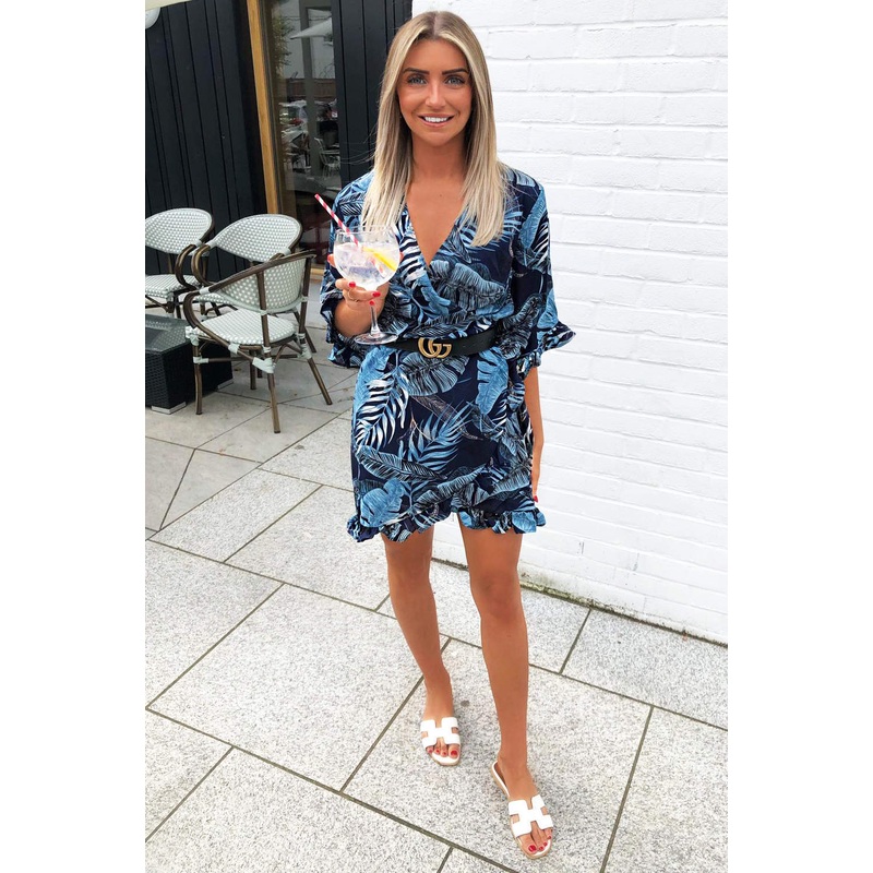 Navy Tropical Print Wrap Dress