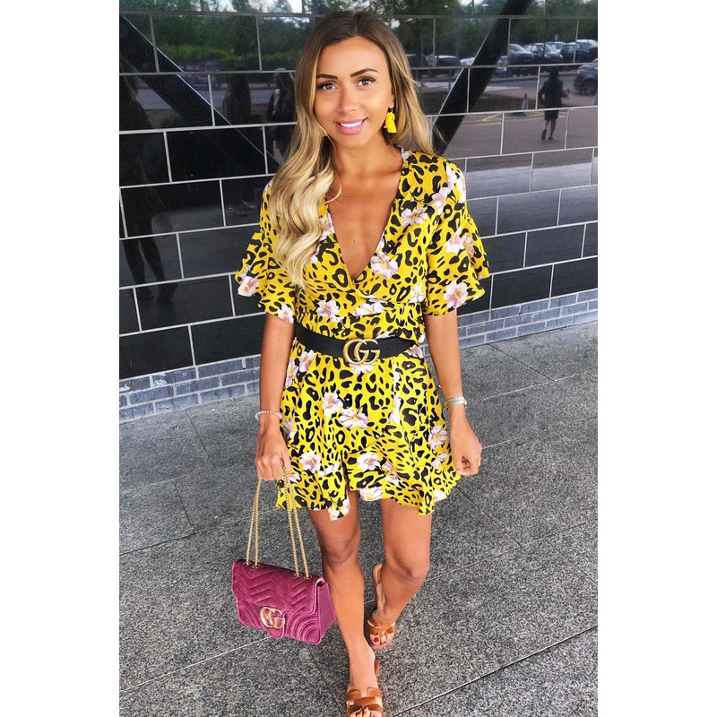 Yellow Animal Print Dress With Floral Detail