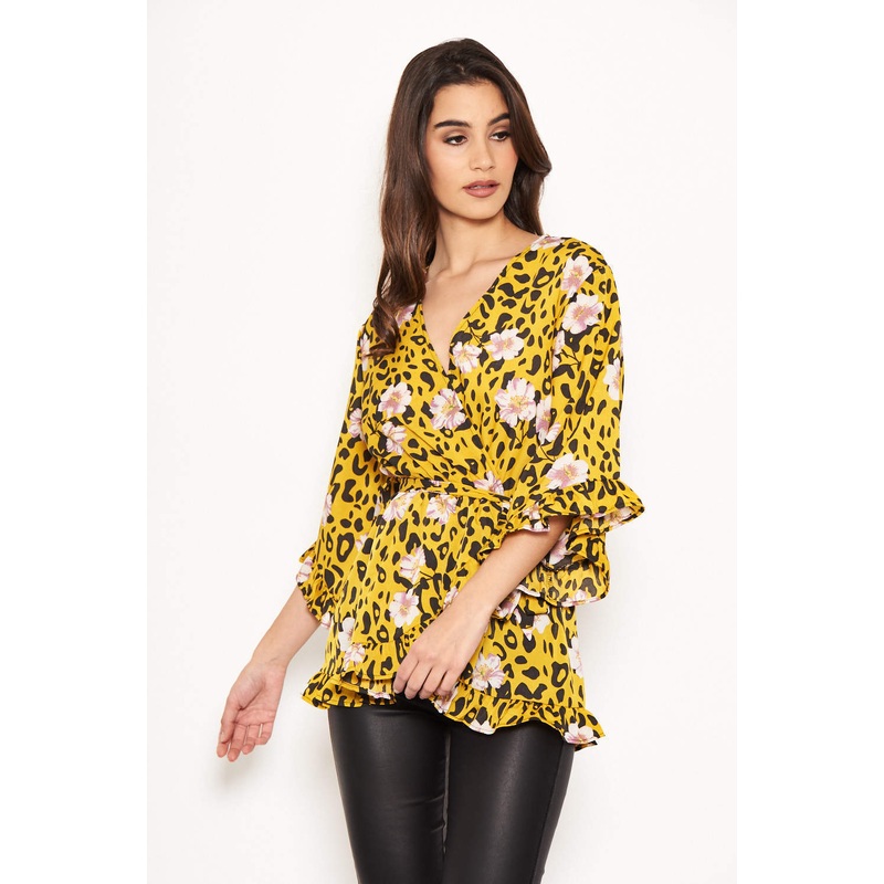 Yellow Animal Print Wrap Top