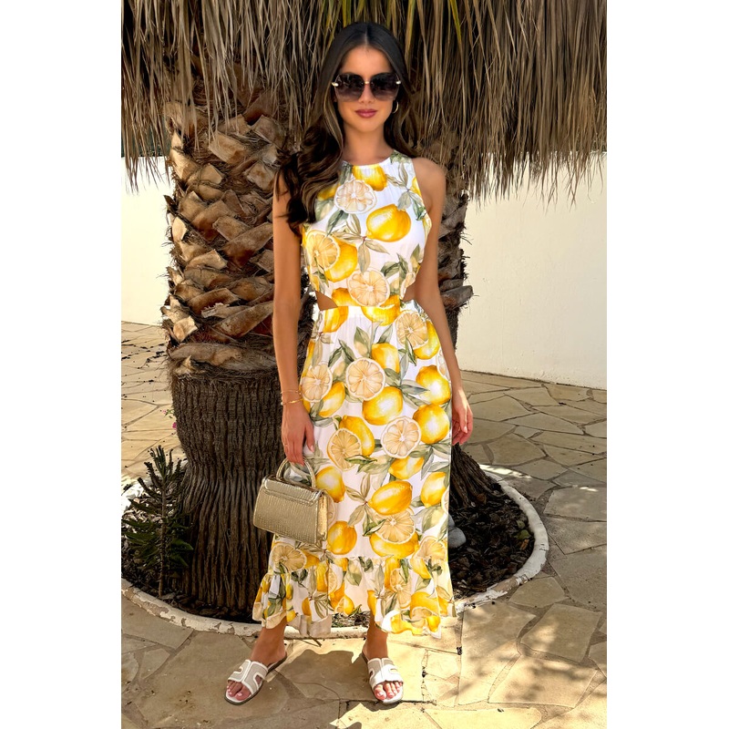 Yellow Lemon Print Waist Cut Out Frill Hem Midi Dress