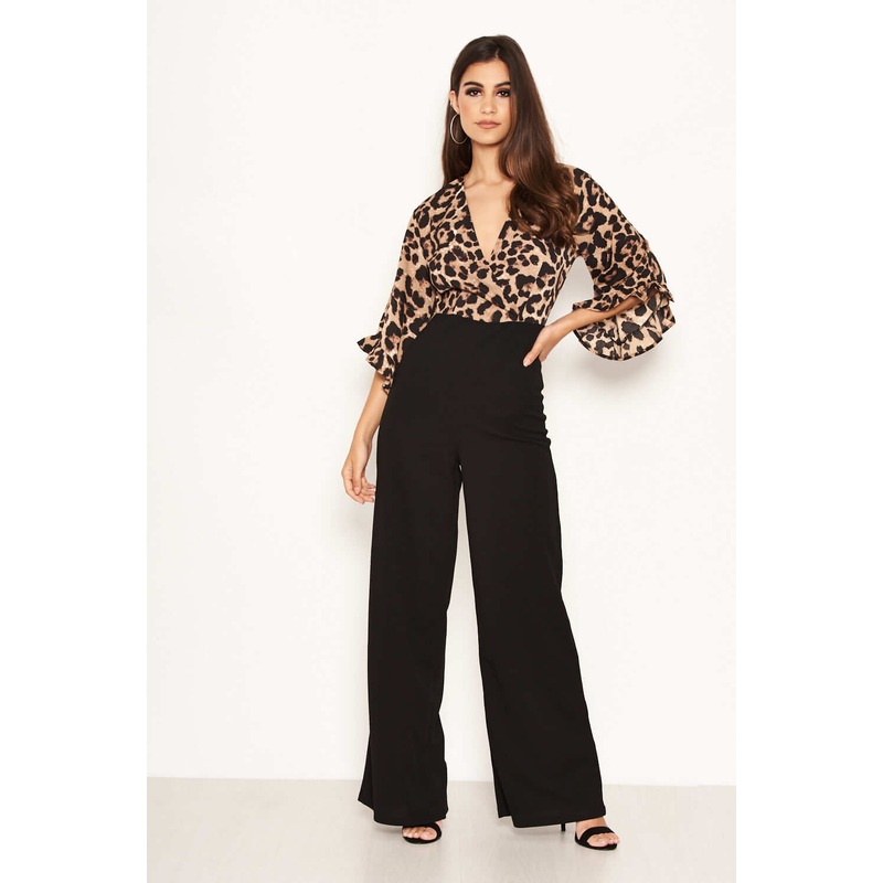 2 in 1 Leopard Print Frill Sleeve Jumpsuit