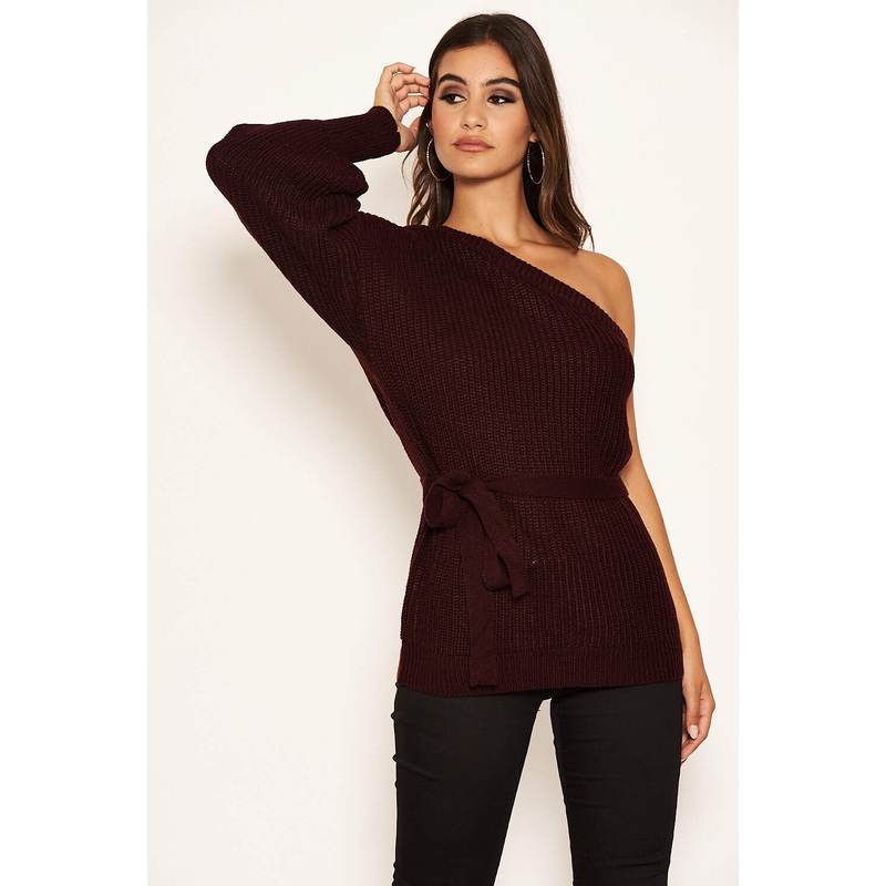 Wine One Shoulder Tie Waist Knit Jumper