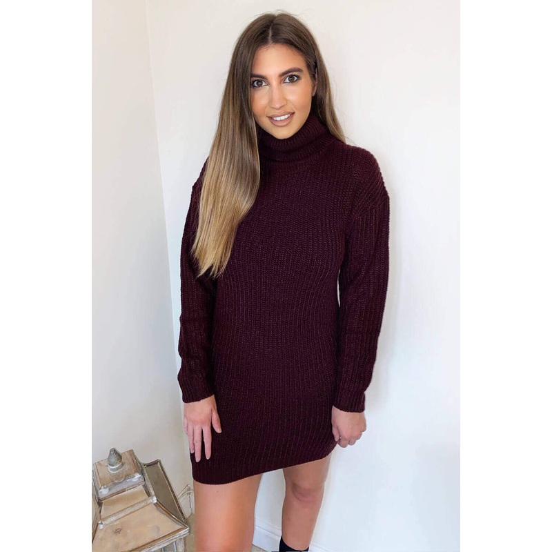 Wine Roll Neck Knit Jumper Dress