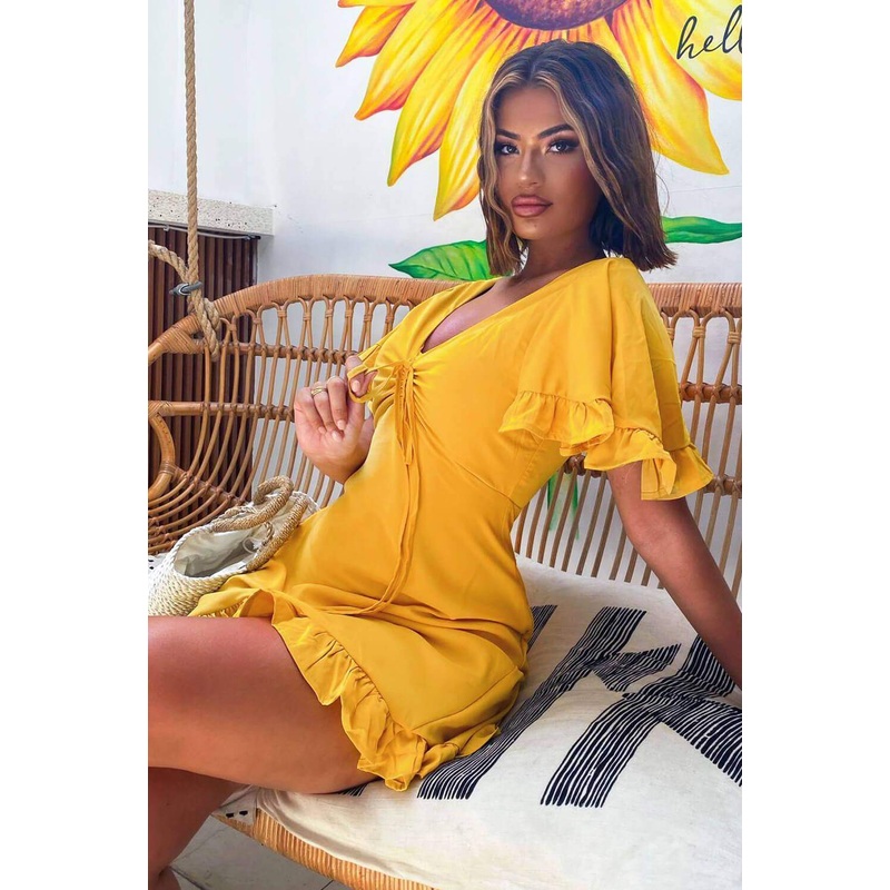 Yellow Ruched Front Frill Swing Dress