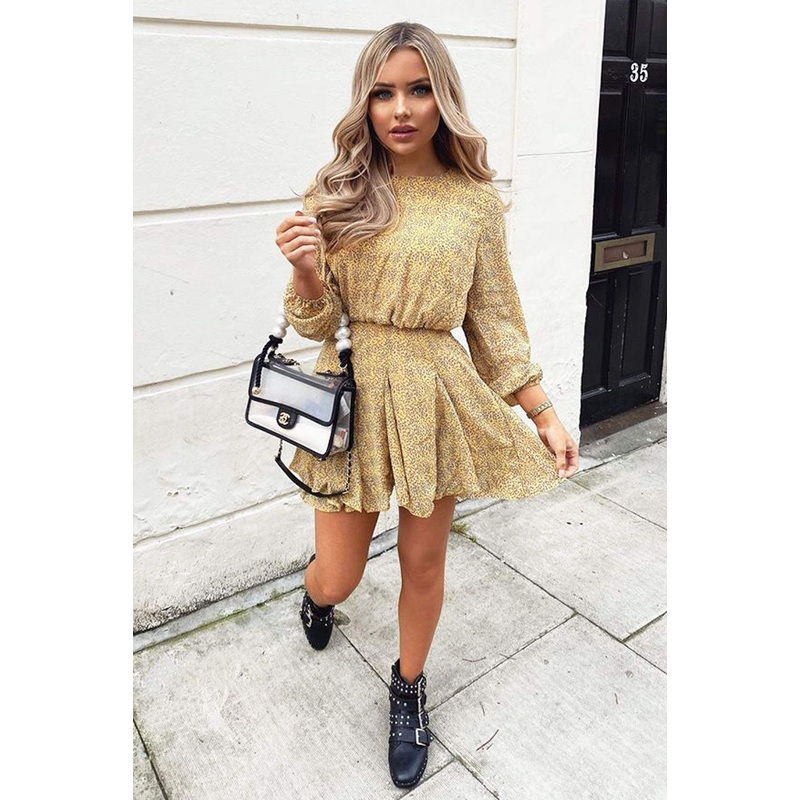 Yellow Printed Long Sheer Sleeve Dress