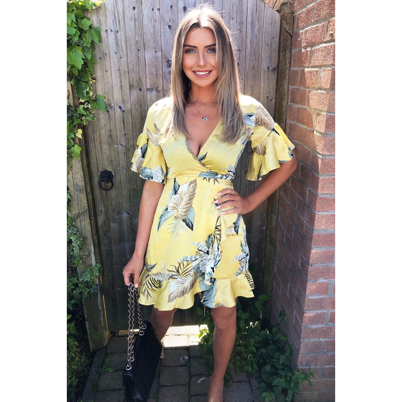Yellow Floral Print Frill Wrap Dress