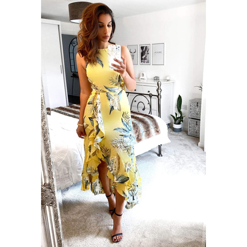 Yellow Frilled Floral Midi Dress with Side Slip