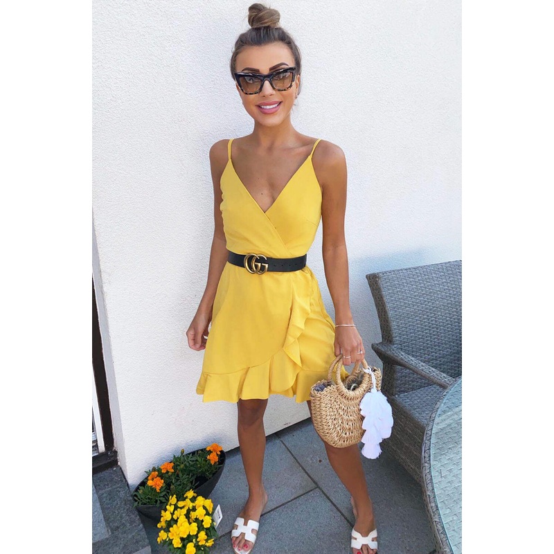 Yellow Strappy Frill Hem Mini Dress