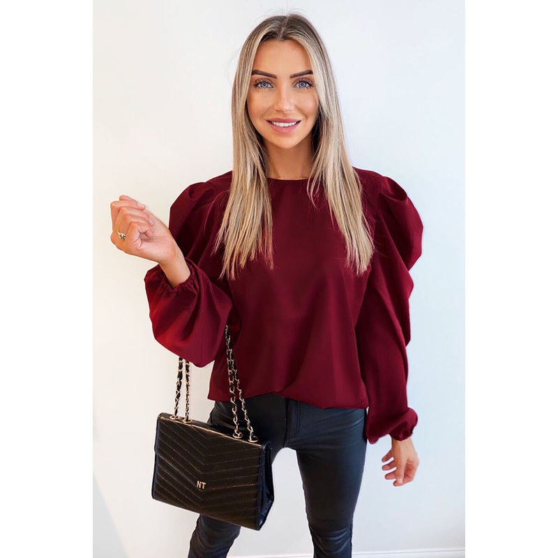 Wine Puff Sleeve Loose Fit Top