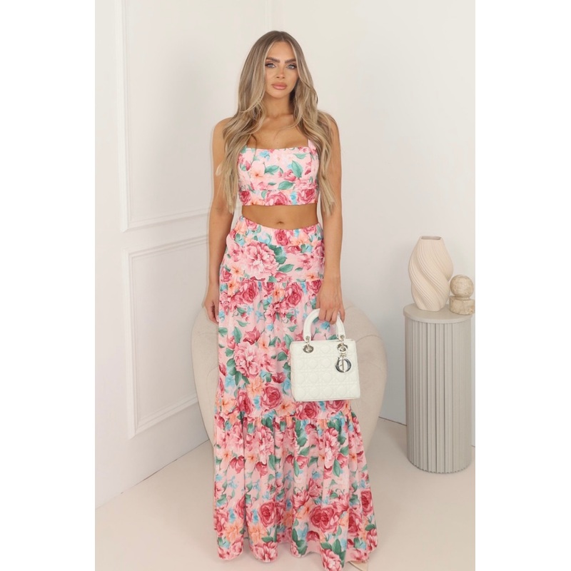 Gabbi baby pink floral crop top maxi skirt co-ord