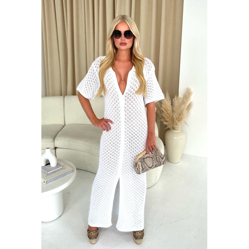 Kerris White Long Crochet Cardigan