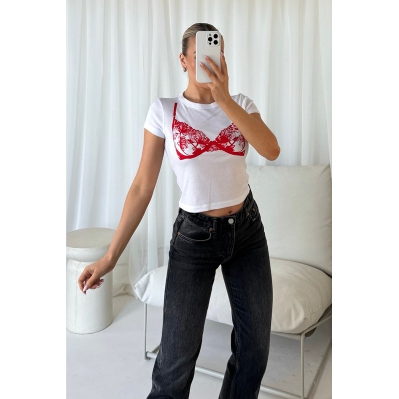 Lace bra red print white baby tee