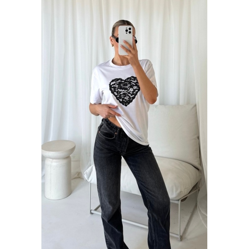 Lace heart white printed t-shirt