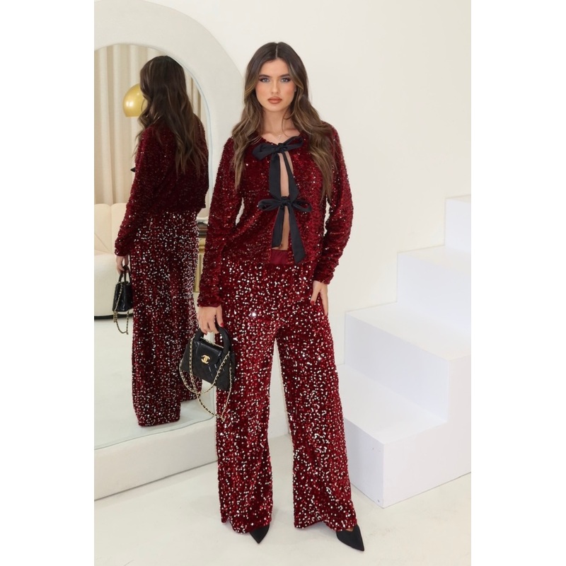 Maddie burgundy sequin trousers
