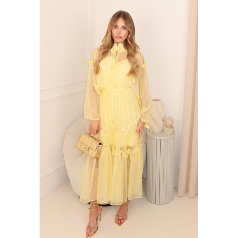 Ophelia yellow chiffon floral embellished maxi dress