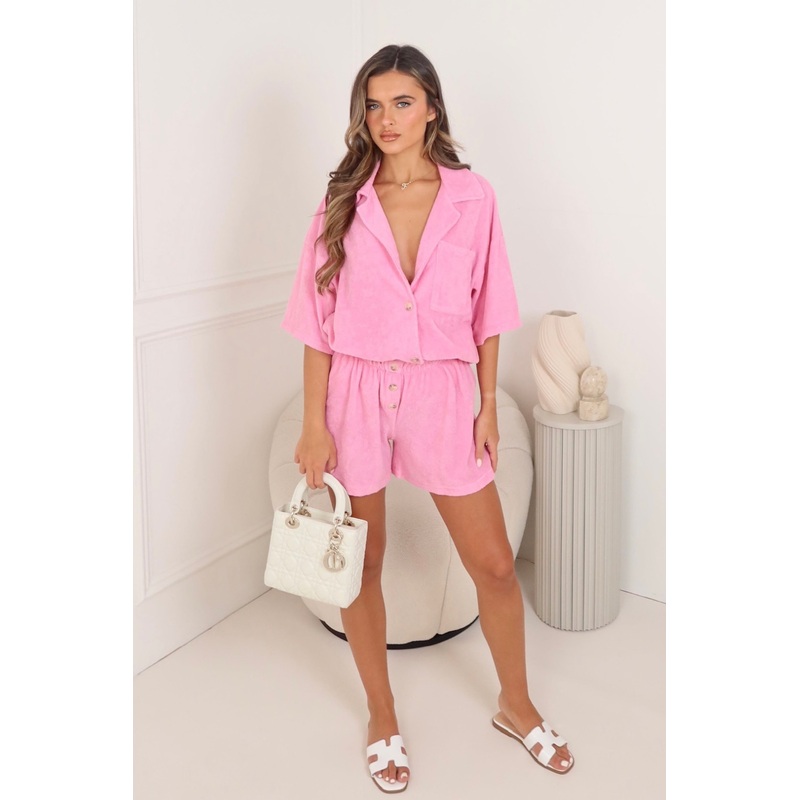 Darcy pink towelling shirt & shorts co ord
