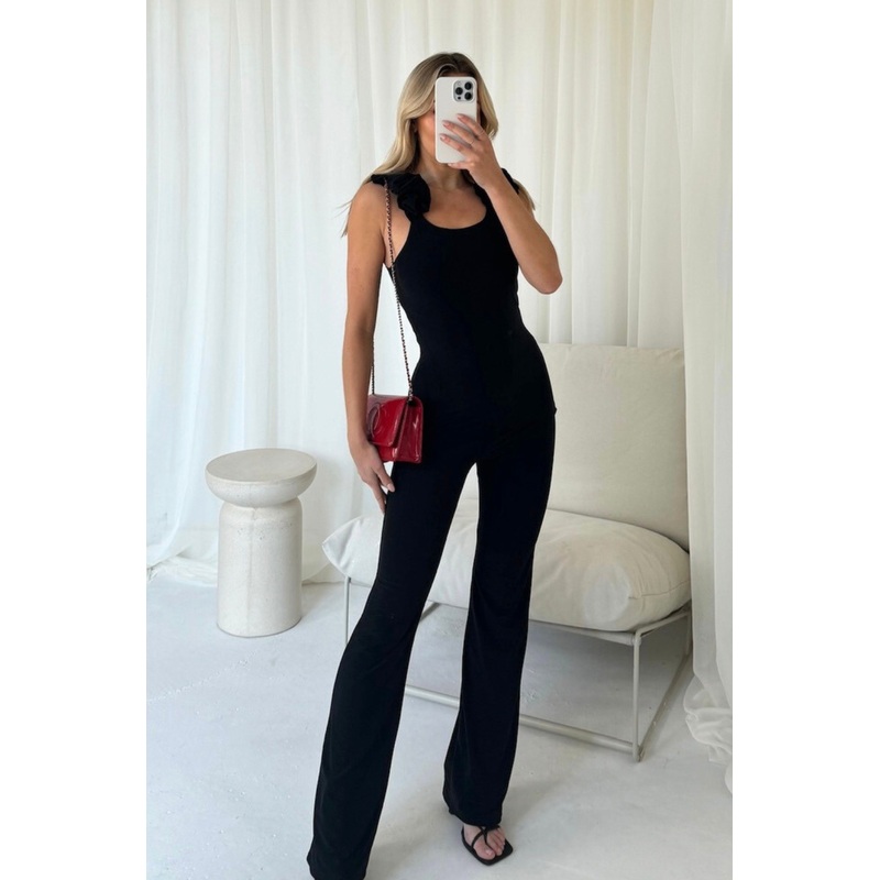 Esme black ruched strap vest and flared pants co-ord