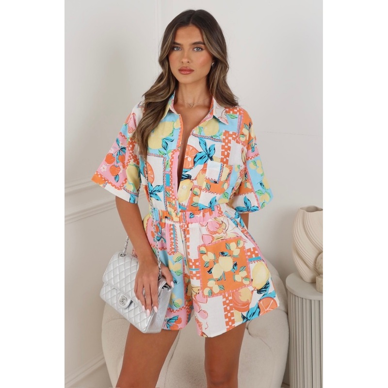 Freya orange fruit print linen shirt & shorts co ord