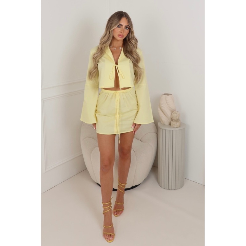 Lois lemon tie front flare sleeve shirt skirt co-ord