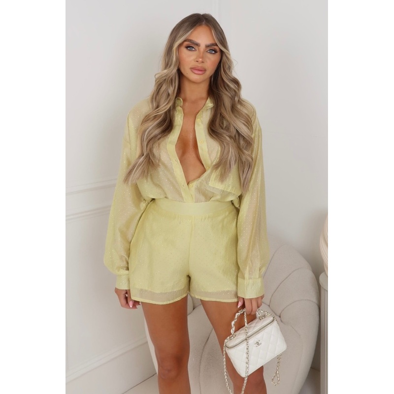 Maddison lemon diamante sheer shirt & shorts co ord