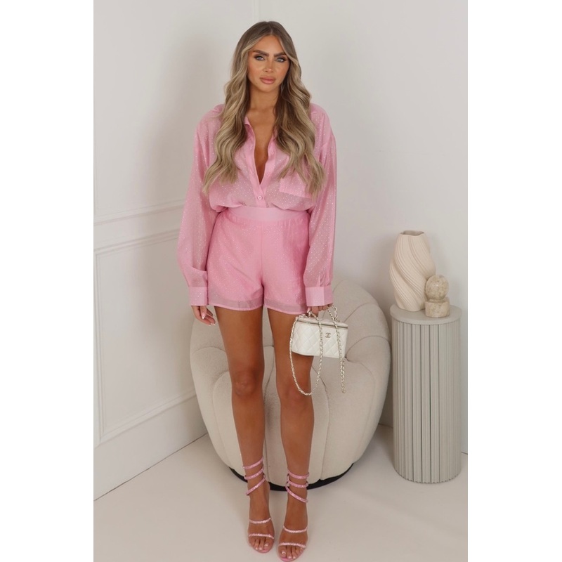 Maddison pink diamante sheer shirt & shorts co ord