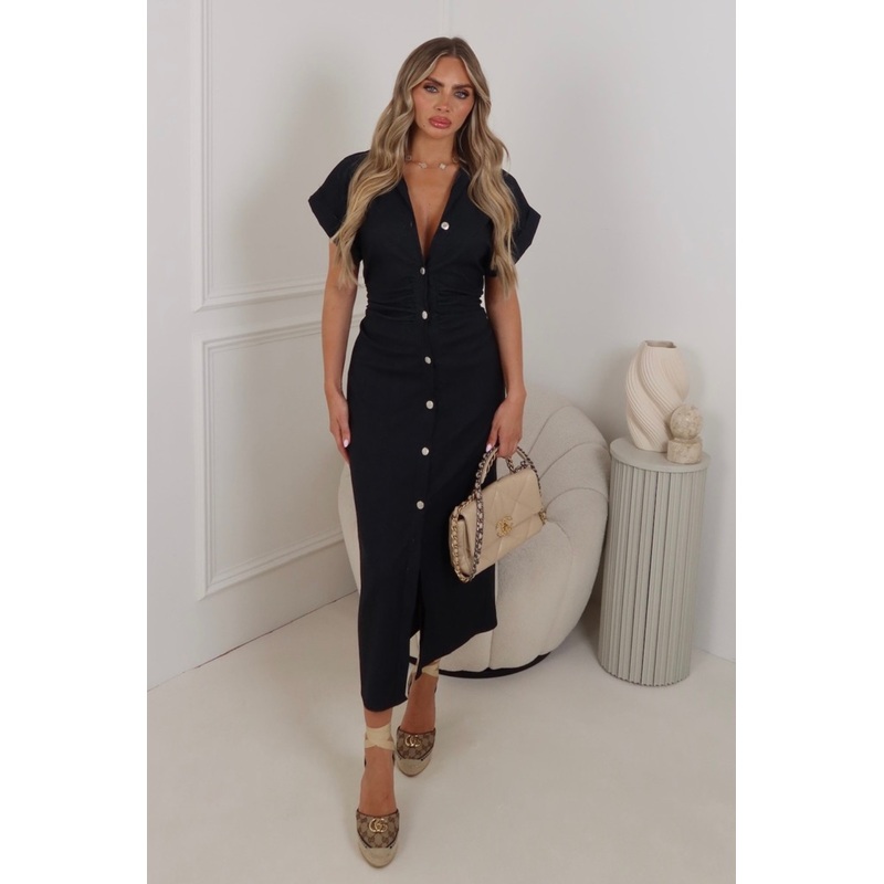 Matilda black sleeveless button front shirt dress
