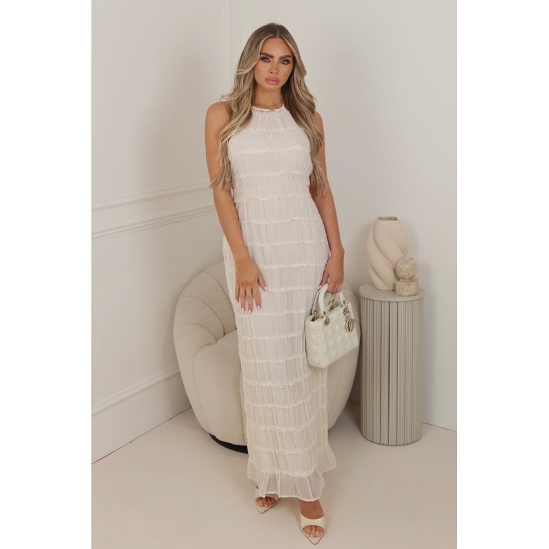 Mila cream halterneck chiffon open back maxi dress