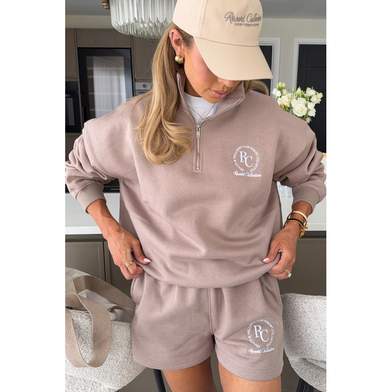 Monogram mocha embroidered shorts - Resort Collective