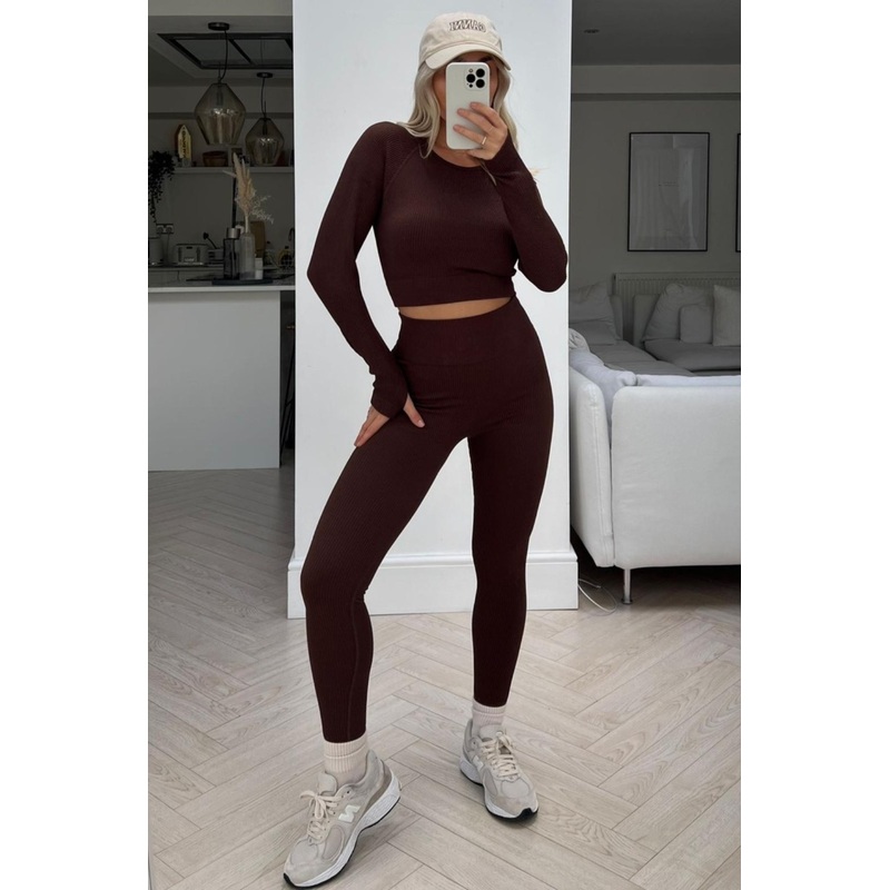 Emmie chocolate 2 piece ribbed crop activewear set