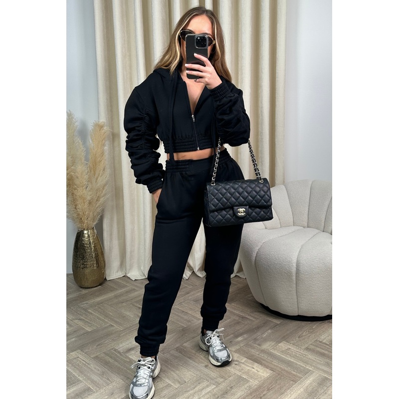 Katie black cropped jacket jogger loungewear set