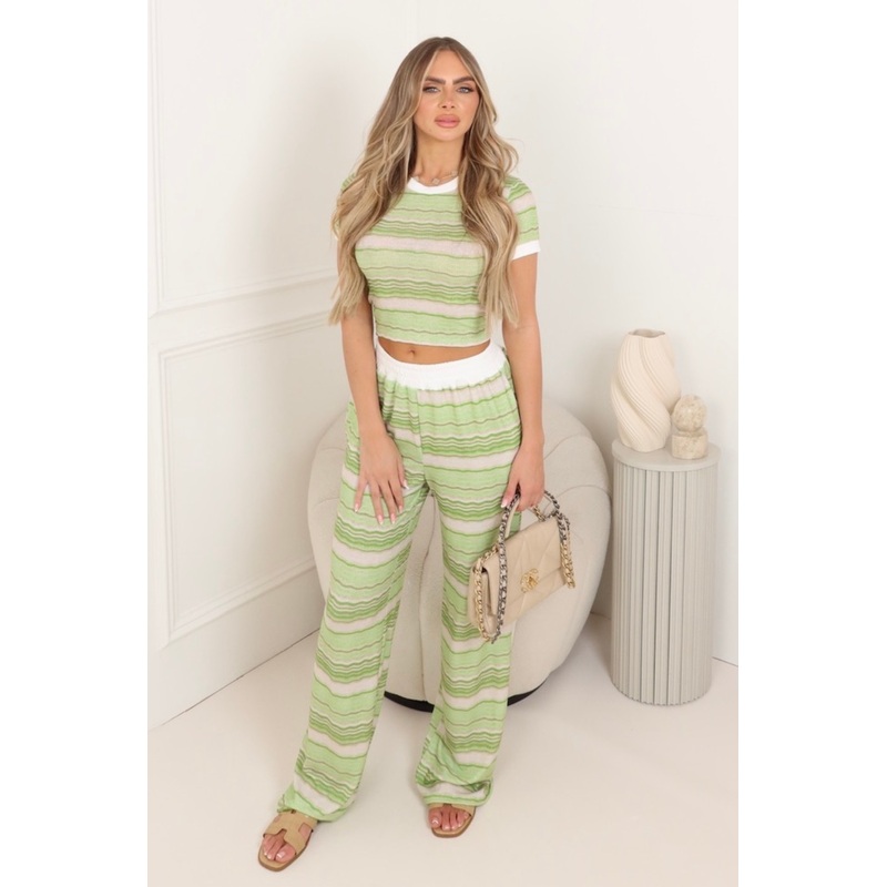 Sasha green shimmer cropped tee & trouser loungewear