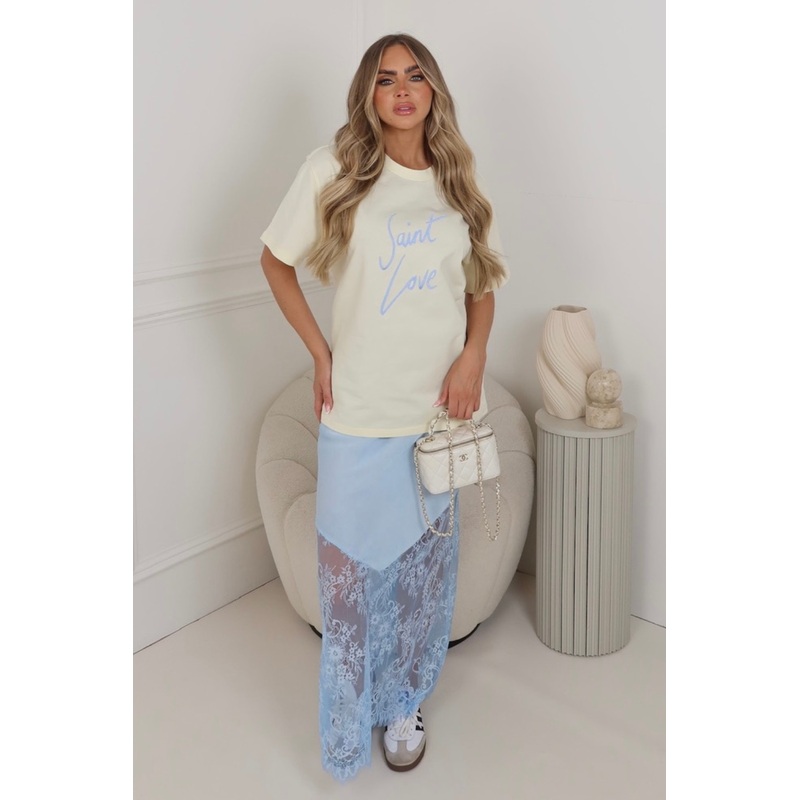 Taylor baby blue satin lace maxi skirt