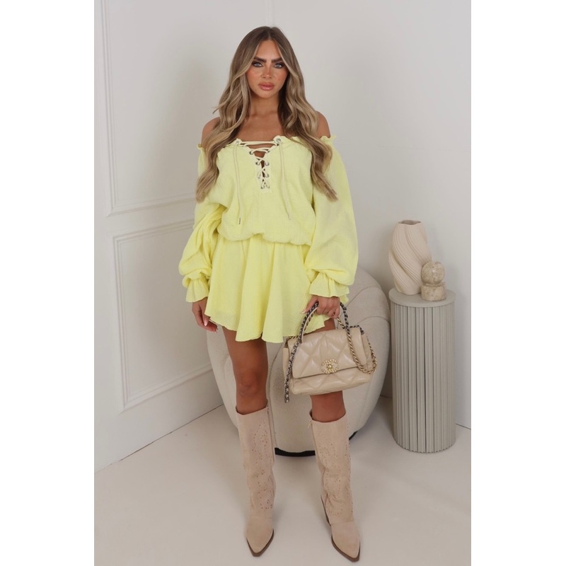 Alice lemon off shoulder cheesecloth mini dress