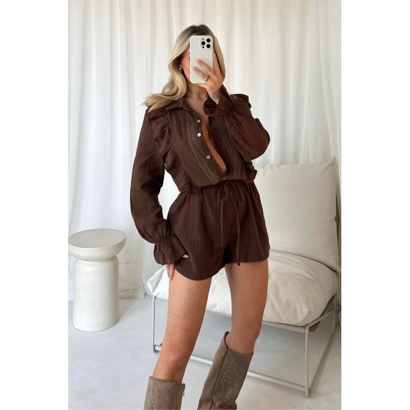 Bella chocolate frill linen playsuit