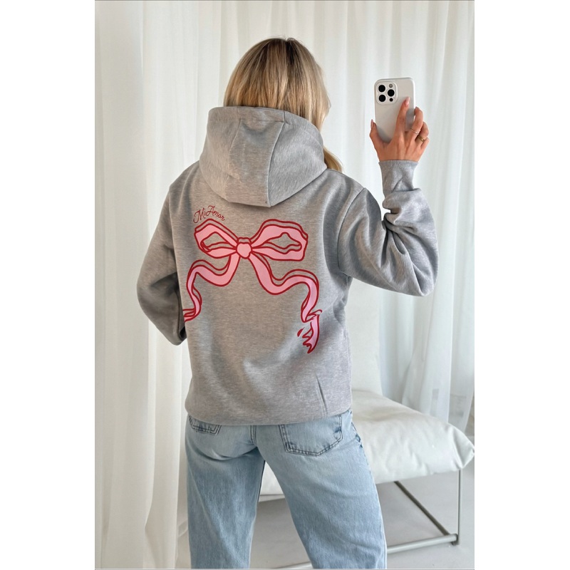 Bow printed marl grey hoodie