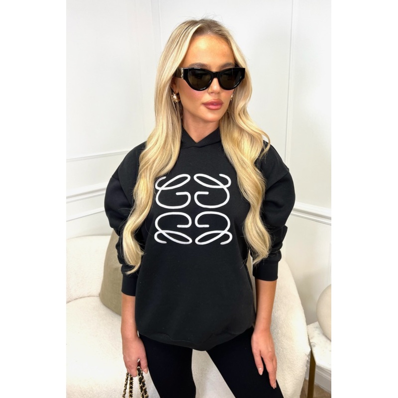 Gege black embroidered with white premium essential relaxed hoodie