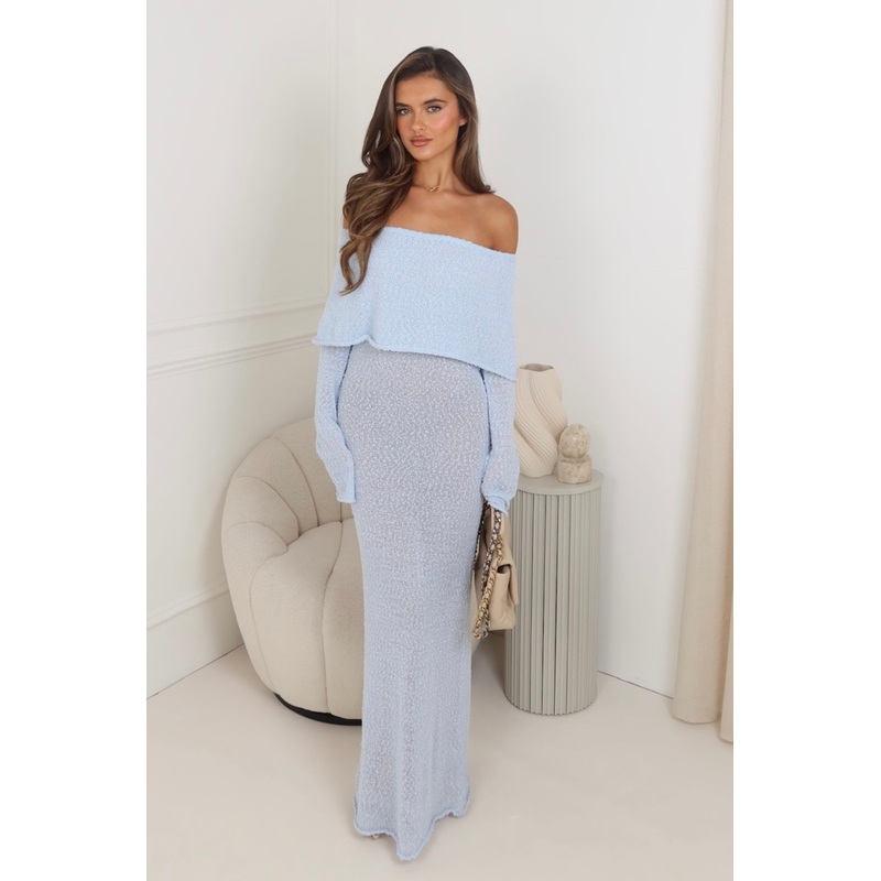 Hailey blue knit bardot maxi dress