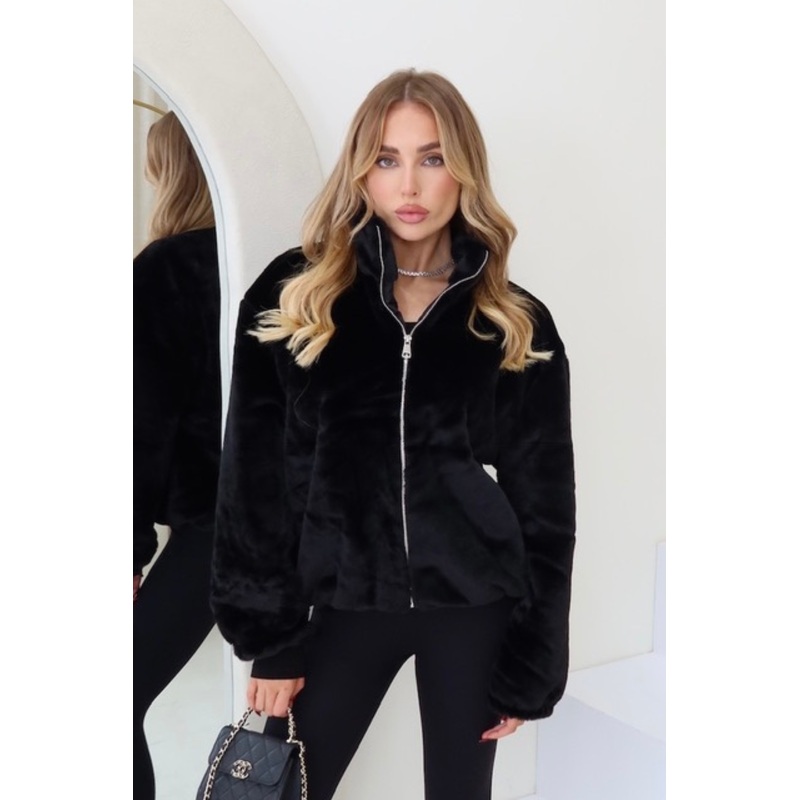 Ivy black faux fur bomber jacket