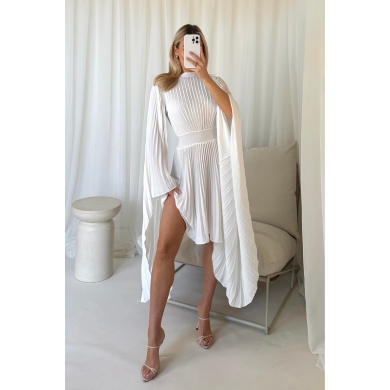 Jenna white pleated flare sleeve dress