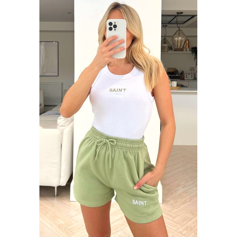 Saint white & sage embroidered vest short coord