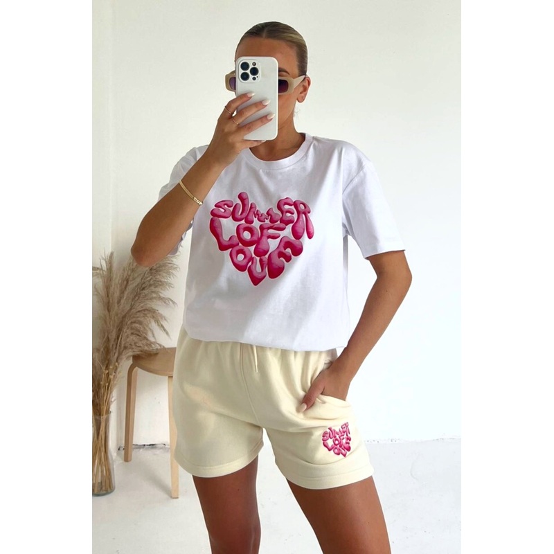 Summer of love white and ecru printed premium short t-shirt coord