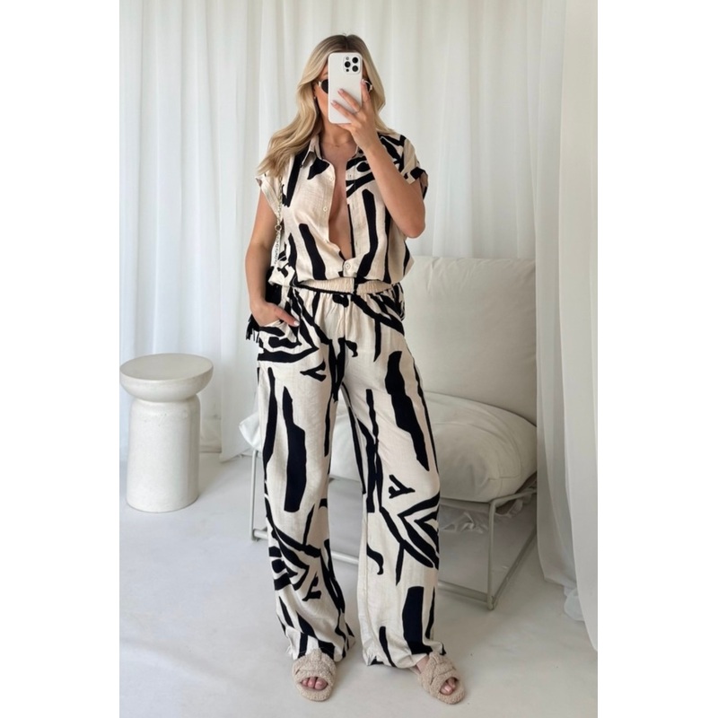 Teresa beige & black patterned shirt & trousers co ord