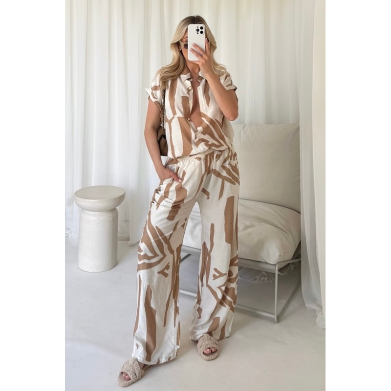 Teresa cream & beige patterned shirt & trousers co ord