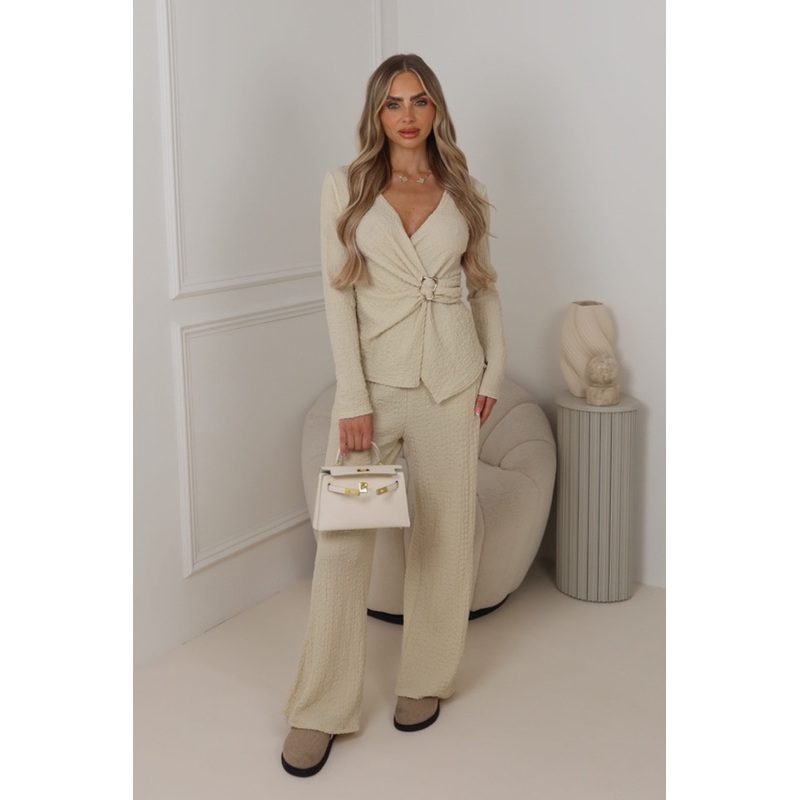 Josie cream crinkle long sleeve top & trouser co ord
