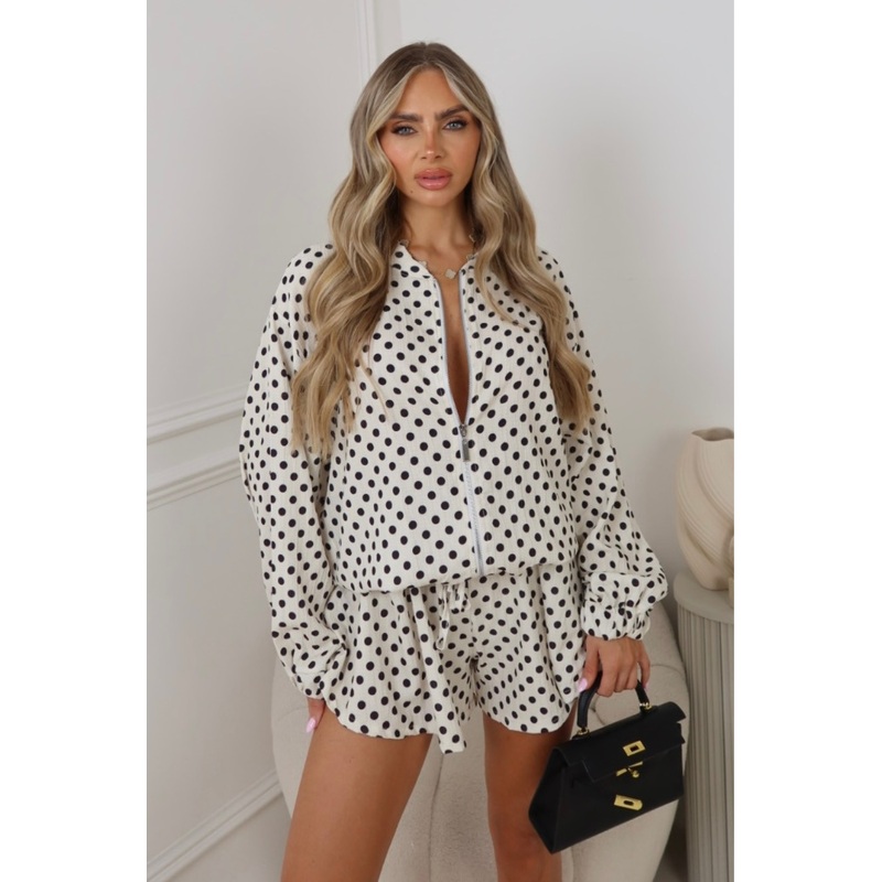 Sienna polka dot cream patterned zip jacket & shorts co-ord