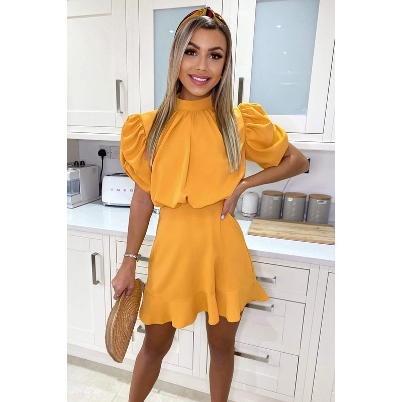 Yellow High Neck Puff Sleeve Skater Dress